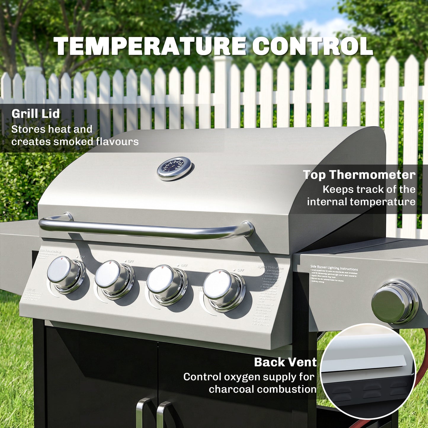 4+1 Burner Gas BBQ Grill with Side Burner, 14.5 kW Steel Portable Gas Barbecue Grill with Built-in Thermometer, Lid