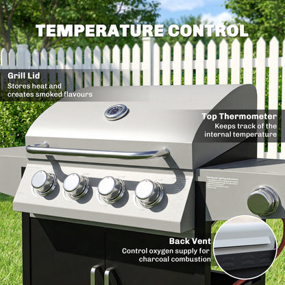 4+1 Burner Gas BBQ Grill with Side Burner, 14.5 kW Steel Portable Gas Barbecue Grill with Built-in Thermometer, Lid