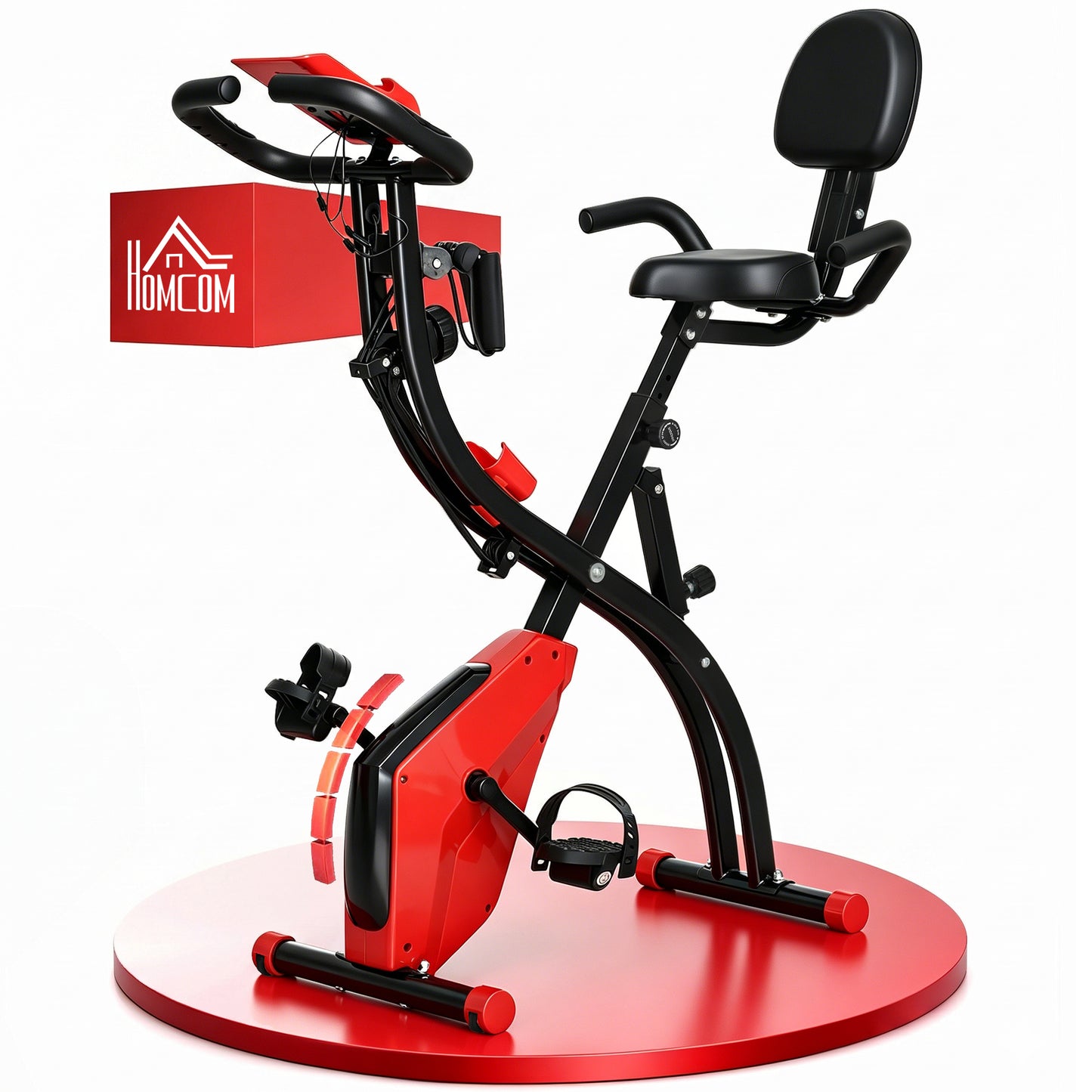 2-in-1 Folding Exercise Bike with 8-Level Magnetic Resistance, Arm Resistance Band, Pulse Sensor, Red