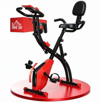 2-in-1 Folding Exercise Bike with 8-Level Magnetic Resistance, Arm Resistance Band, Pulse Sensor, Red