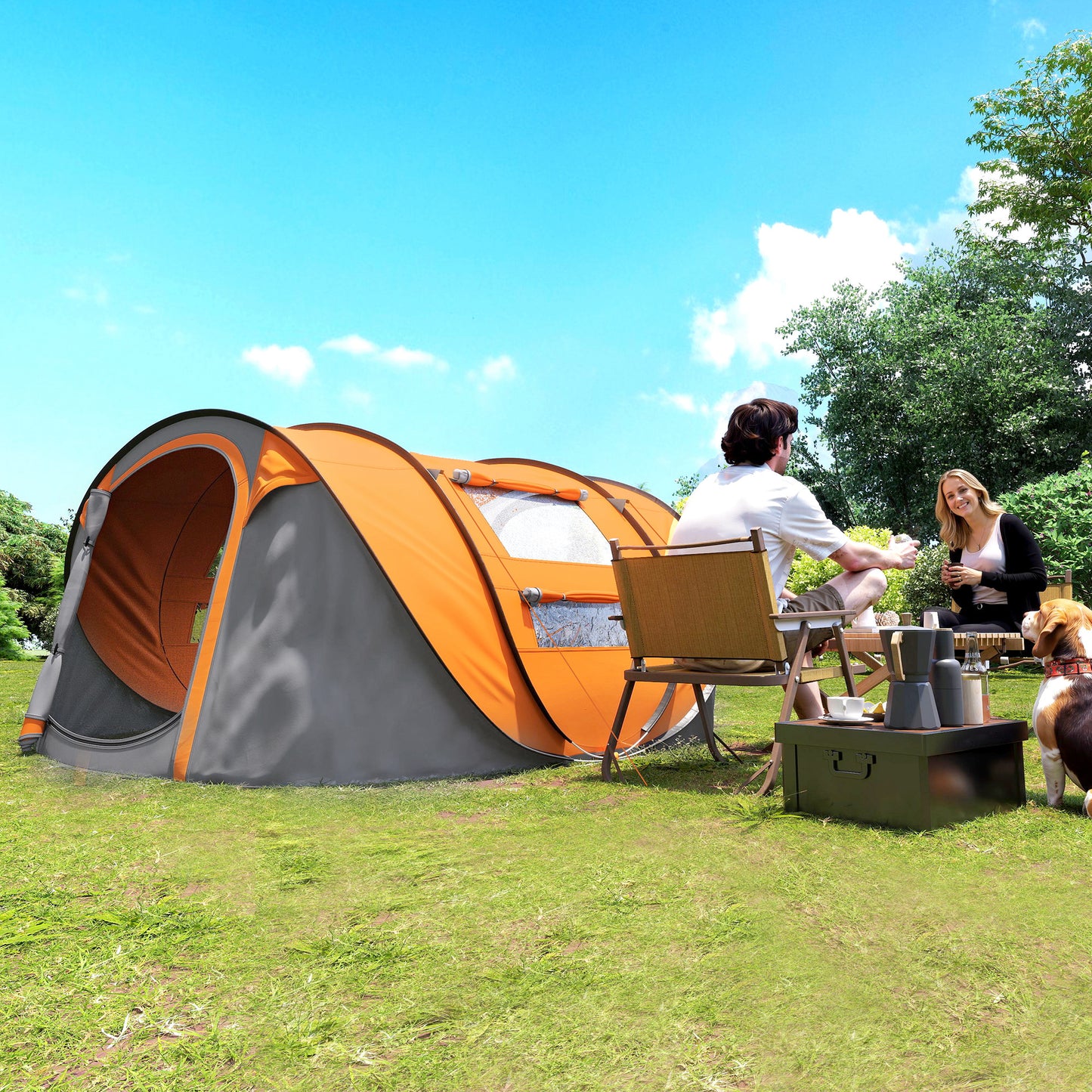 4 Person Pop-up Camping Tent Family Tent with Ground Sheet, 4 Windows and Portable Carry Bag for Beach Outdoor Trip, Orange