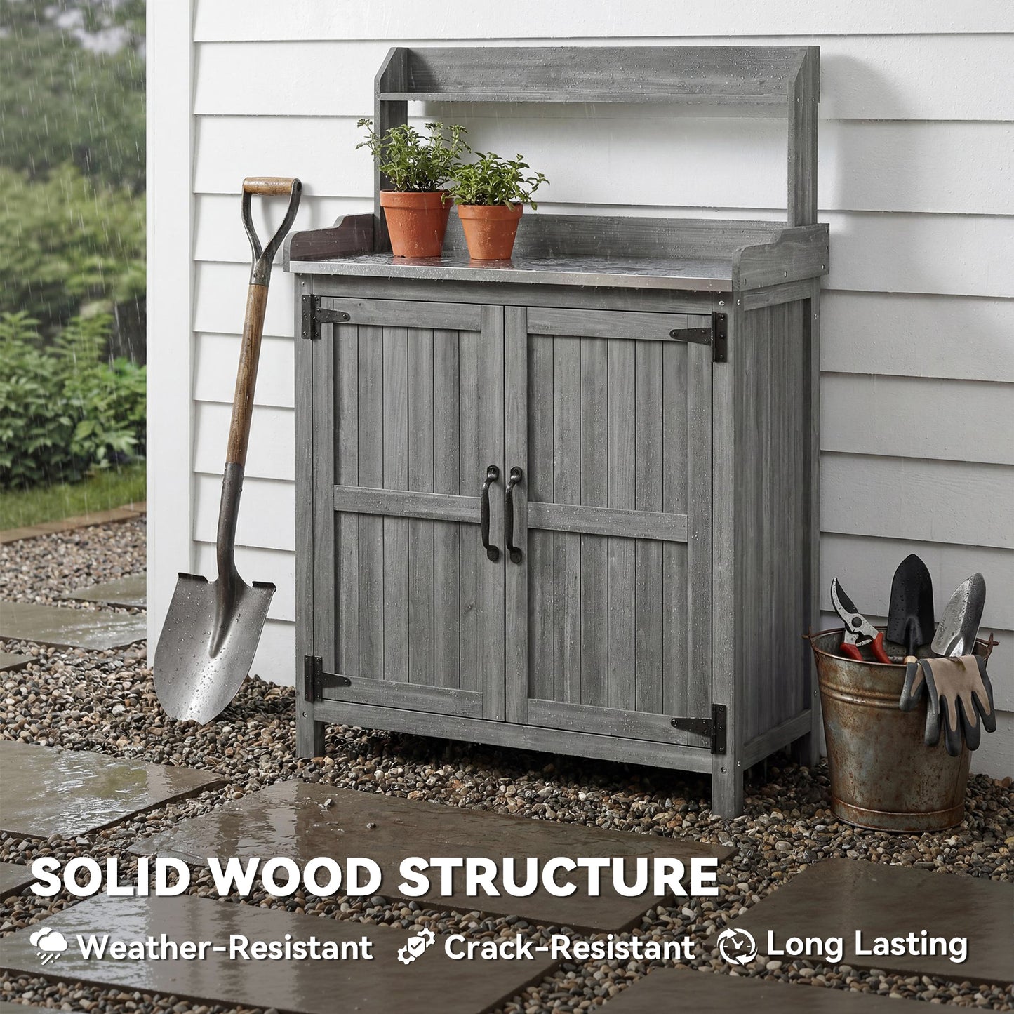 Wooden Potting Bench Table with Aluminium Worktop, Outdoor Garden Workbench with Top Shelf and Cabinet Storage