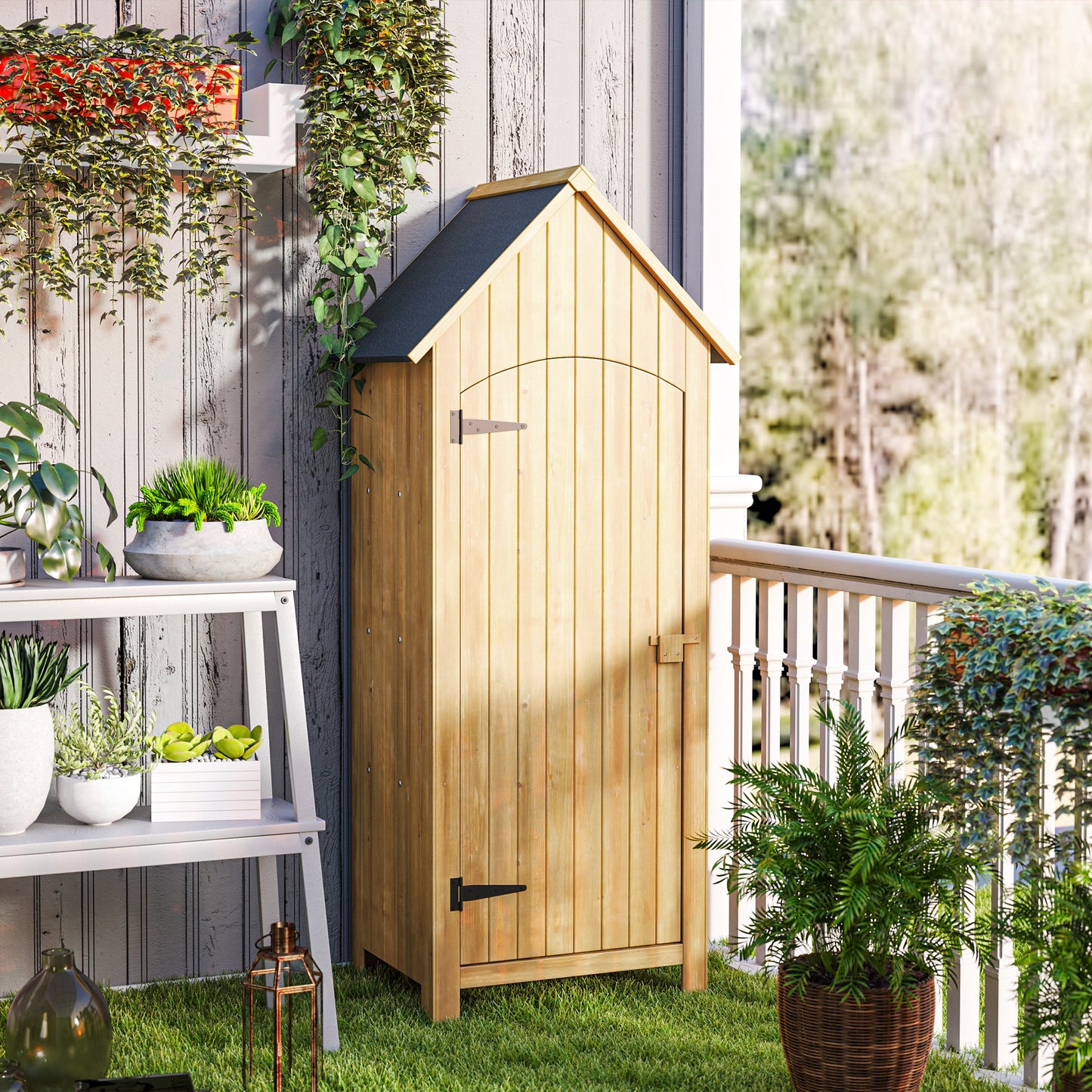 Wooden Garden Storage Shed with 3 Shelves, Outdoor Tool Storage Cabinet with Tilt Roof and Lockable Door