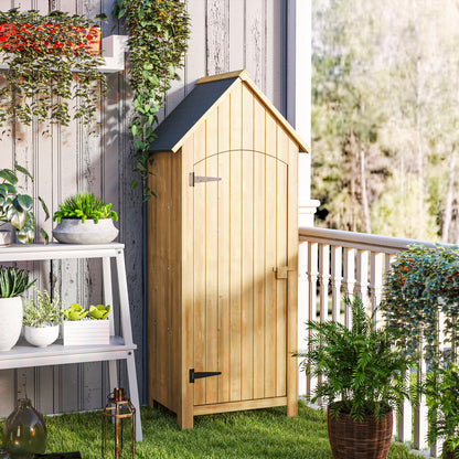 Wooden Garden Storage Shed with 3 Shelves, Outdoor Tool Storage Cabinet with Tilt Roof and Lockable Door