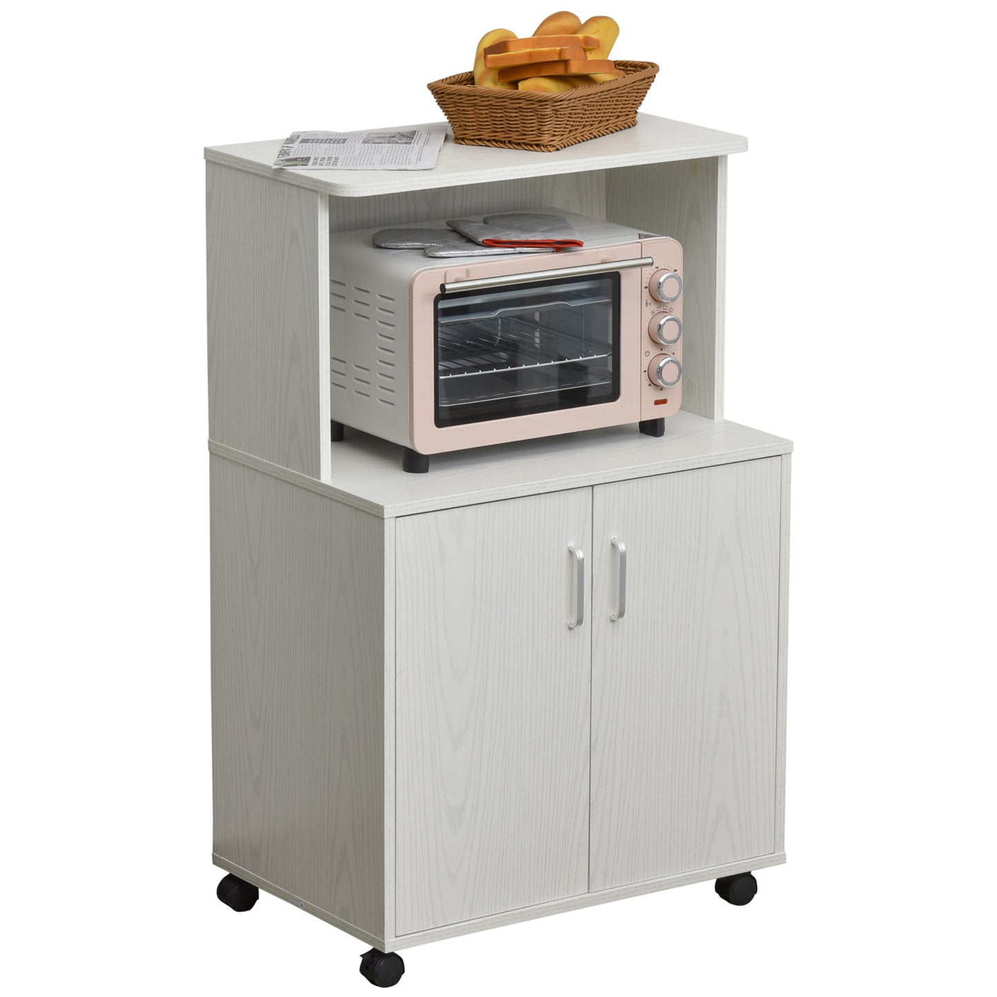 Kitchen Storage Unit, Modern Microwave Stand Trolley Cart, Sideboard with Cabinet, Locking Wheels, Shelf for Living Room