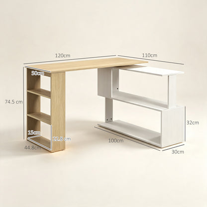 Corner Computer Desk, L Shaped Desk with 360° Rotating Bookshelf, 120L x 110W x 74.5H cm, Natural and White