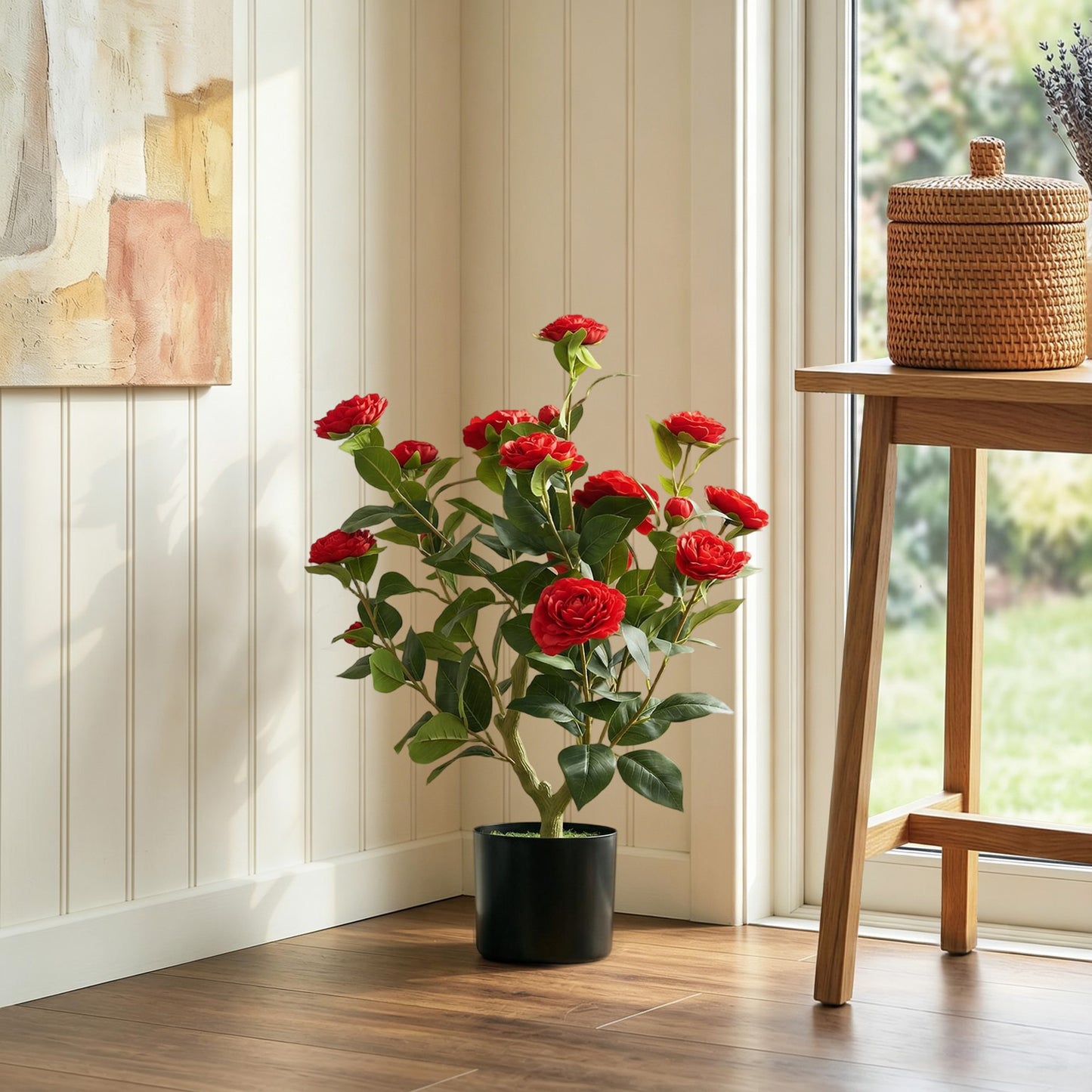 65cm Artificial Camellia Flower Plant in Pot with 116 Lush Leaves & Moss Effect, Red