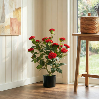 65cm Artificial Camellia Flower Plant in Pot with 116 Lush Leaves & Moss Effect, Red