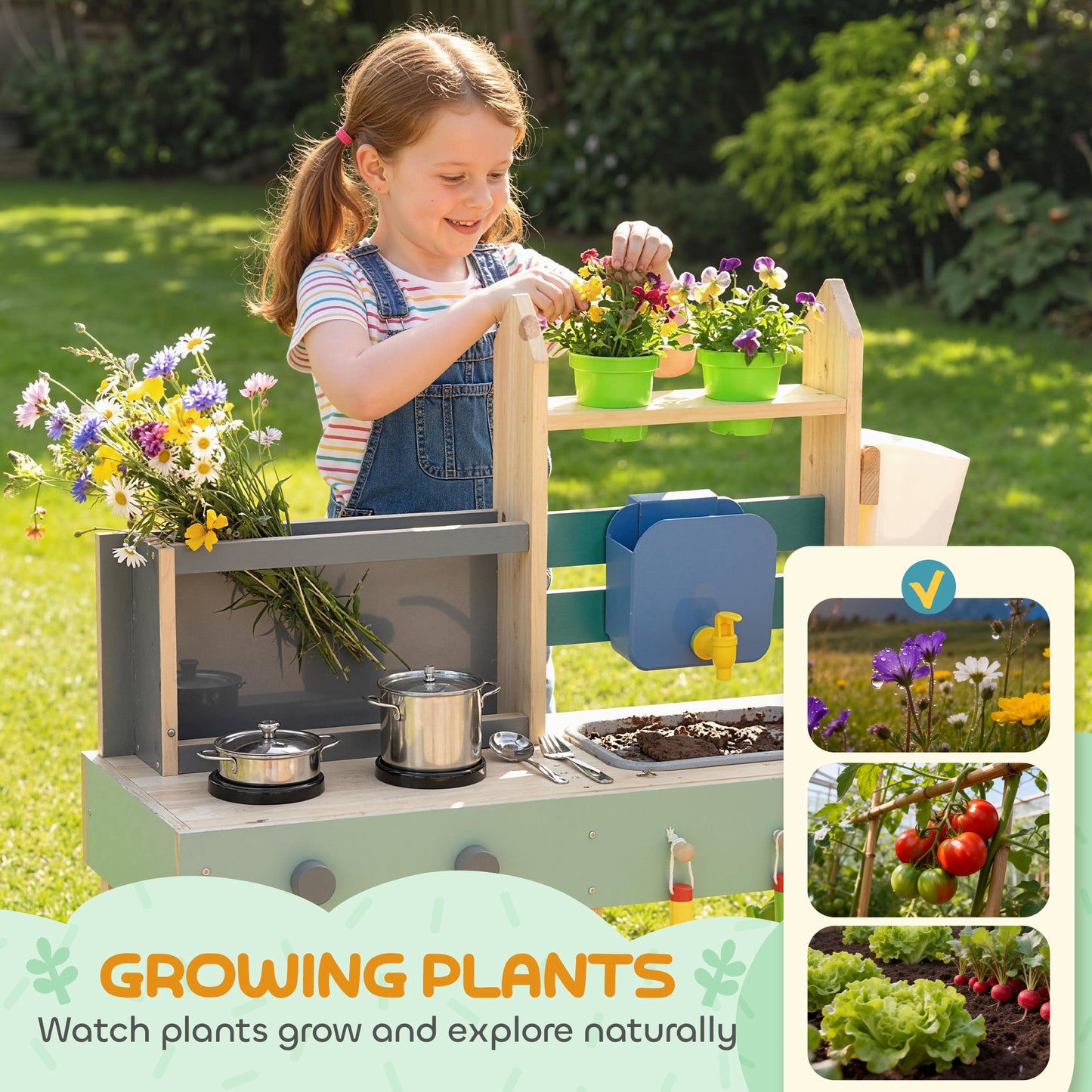 Mud Kitchen with Working Faucet, Kids Play Kitchen with Flower Pots, Kitchen Accessories, Planting Tools, Blue
