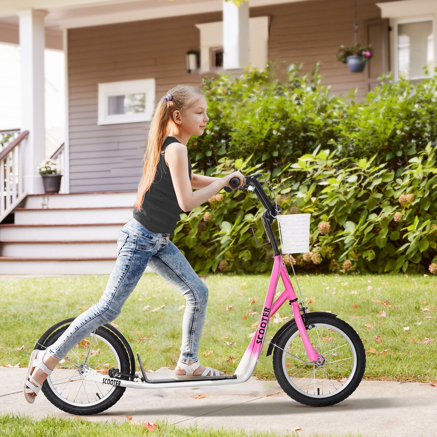 Kids Scooter, Kick Stunt Scooter with Adjustable Handlebar, Dual Brakes, Basket, Cupholder, Mudguard