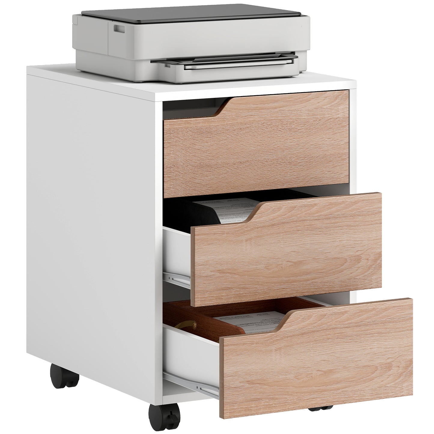 3 Drawer Mobile File Cabinet, Vertical Filing Cabinet with Wheels for Home Office, Oak