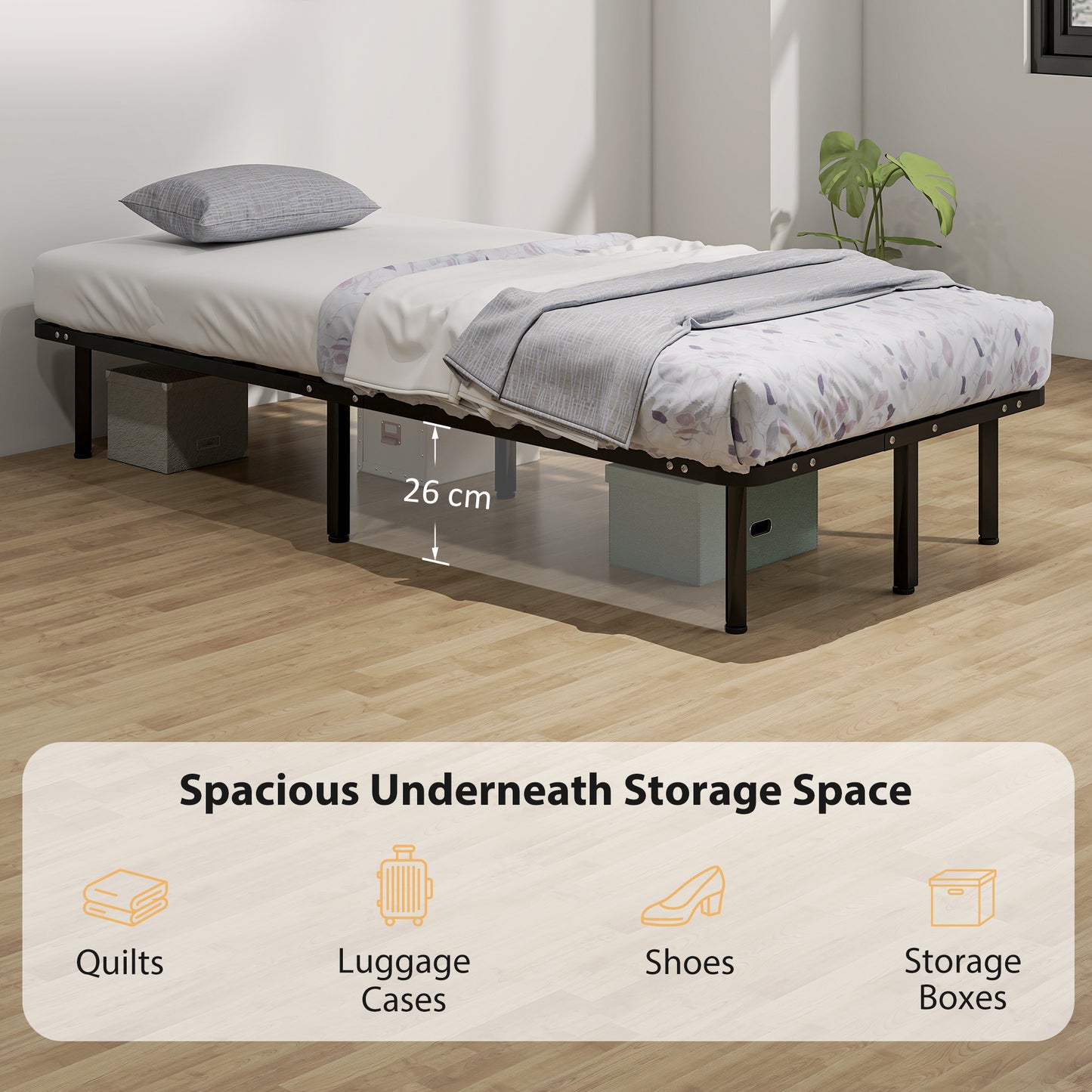 3ft Single Bed Frame, Metal Platform Bed Frame with 2 x 14 Wood Slats, No Box Spring Needed, Underbed Storage, Black