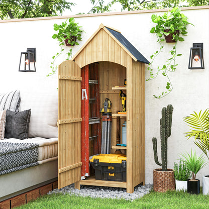Wooden Garden Storage Shed with 3 Shelves, Outdoor Tool Storage Cabinet with Tilt Roof and Lockable Door