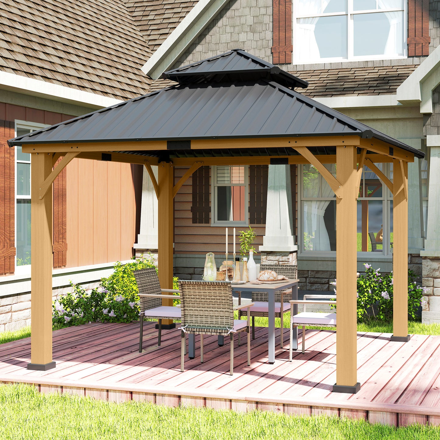 3.5 x 3.5m Outdoor Hardtop Gazebo Canopy with Two-tier Metal Roof and Solid Wood Frame Outdoor Patio Shelter for Patio