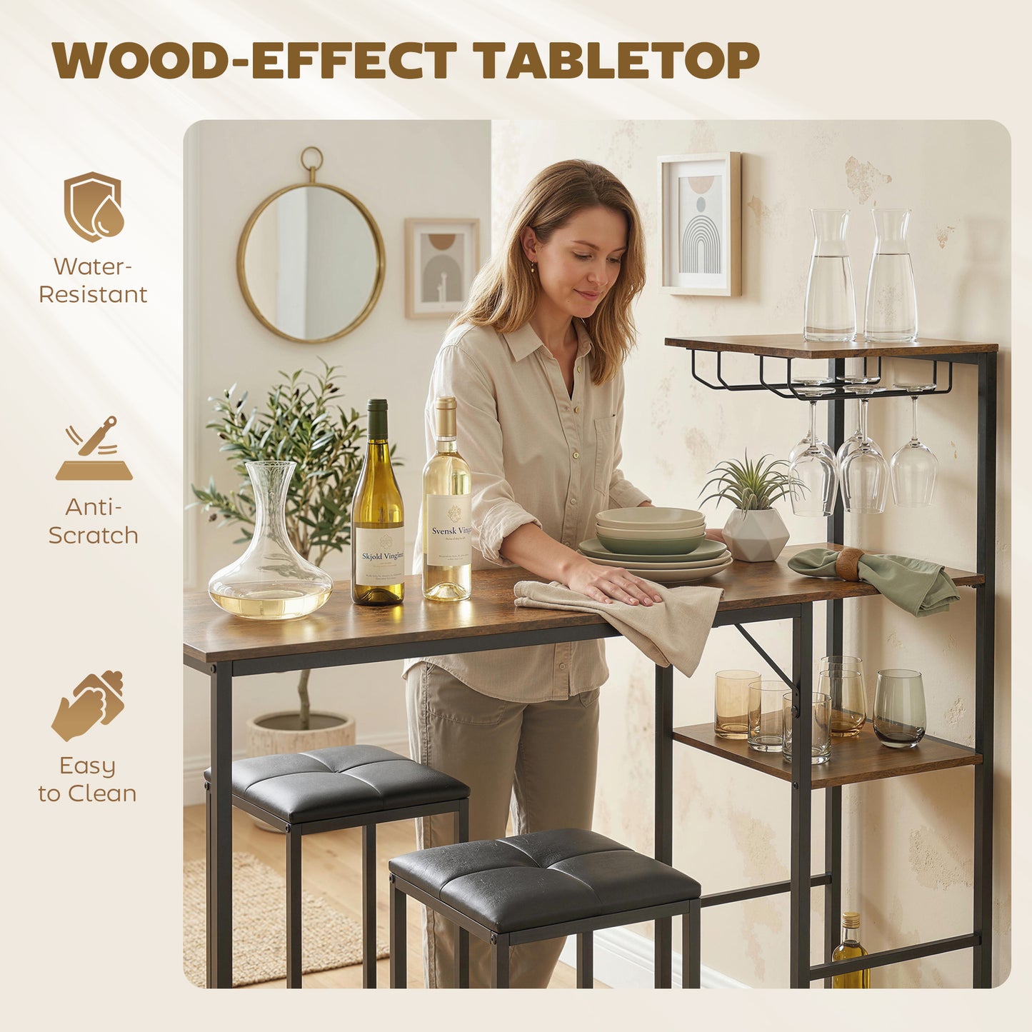 3 Piece Breakfast Bar Table and Stools Set, Rustic Brown
