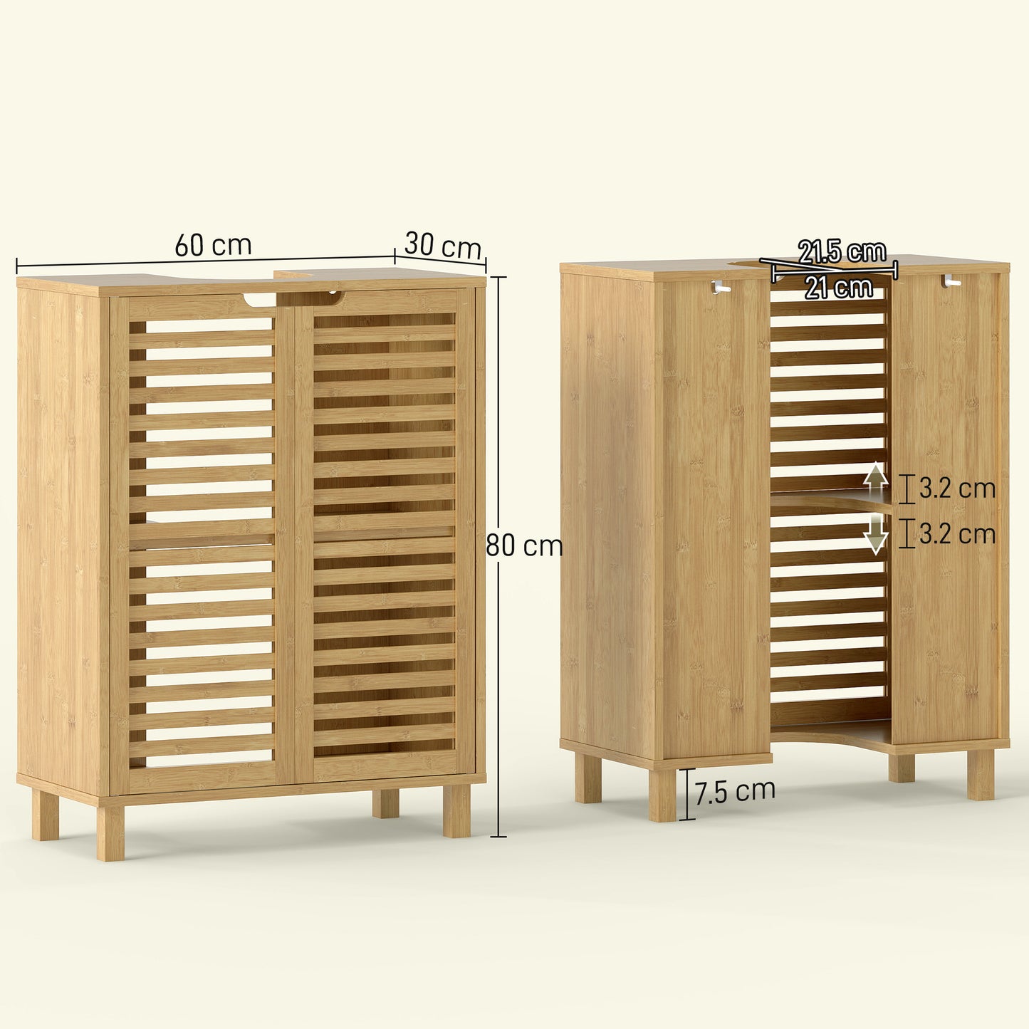 Under Sink Bathroom Cabinet, Freestanding Bamboo Under Sink Cabinet with Louvered Doors and Adjustable Shelf, Natural