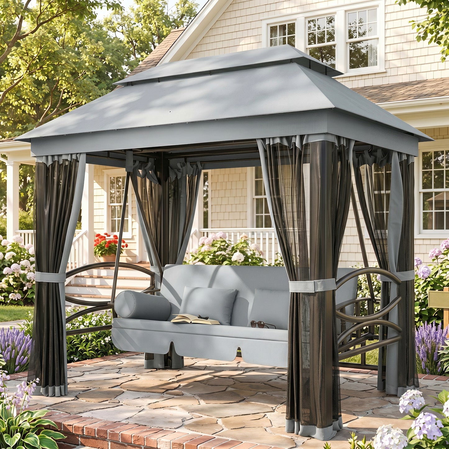 3 Seater Swing Chair 3-in-1 Convertible Garden Swing Seat Bed Gazebo Patio Bench Outdoor with Double Tier Canopy