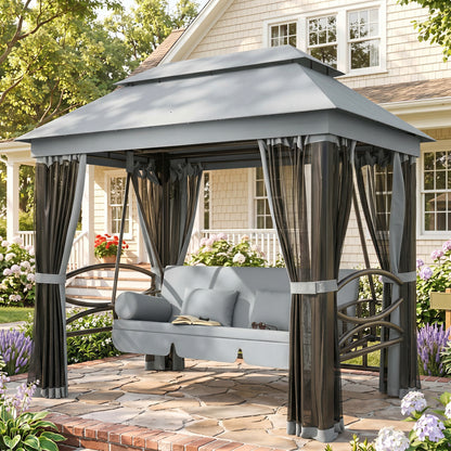 3 Seater Swing Chair 3-in-1 Convertible Garden Swing Seat Bed Gazebo Patio Bench Outdoor with Double Tier Canopy