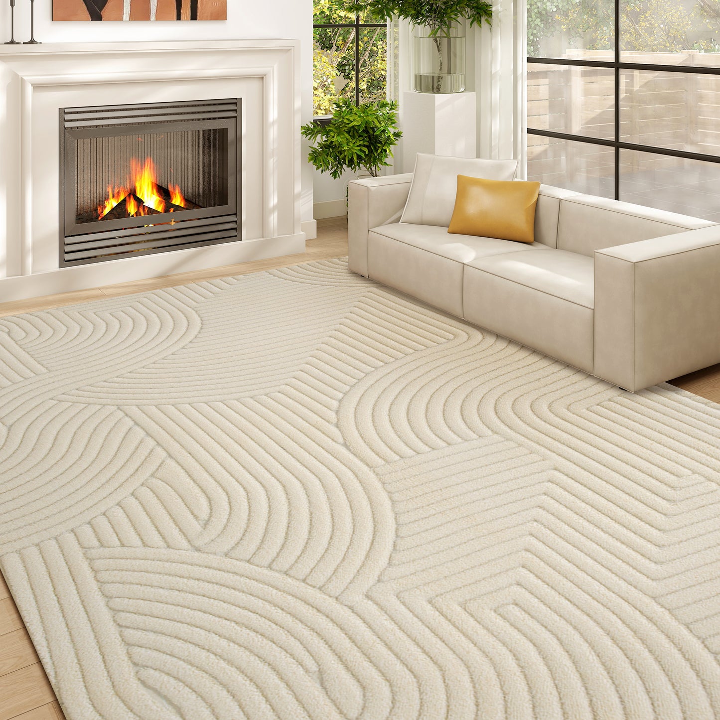 Modern Geometric Rug, Thick Plush, Non-Slip, 160 x 120 cm, Cream, Living Room, Bedroom, Office