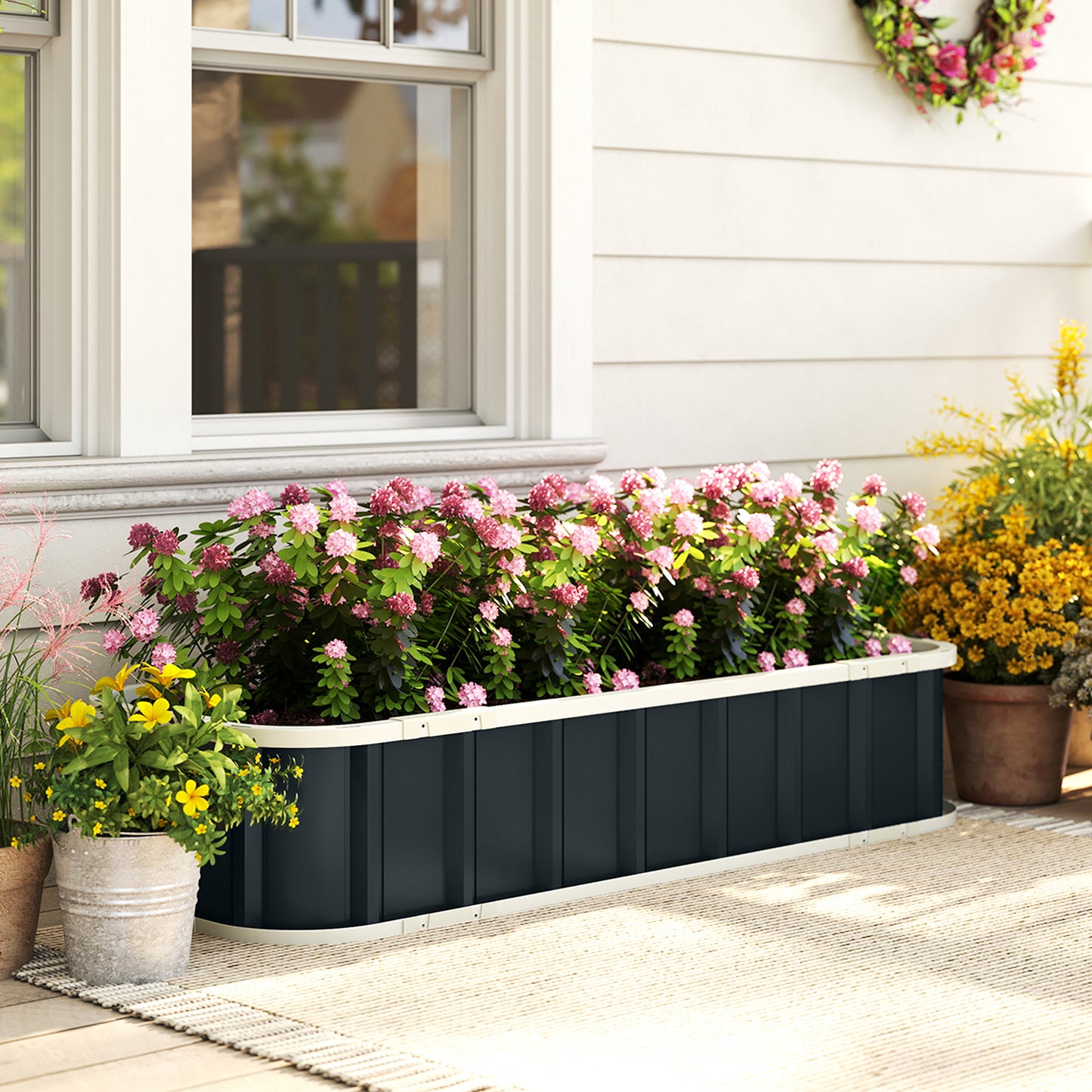 Galvanised Raised Garden Bed, 4.5 x 2 x 1 ft Metal Planter with Gloves and Folded Edging, Dark Grey
