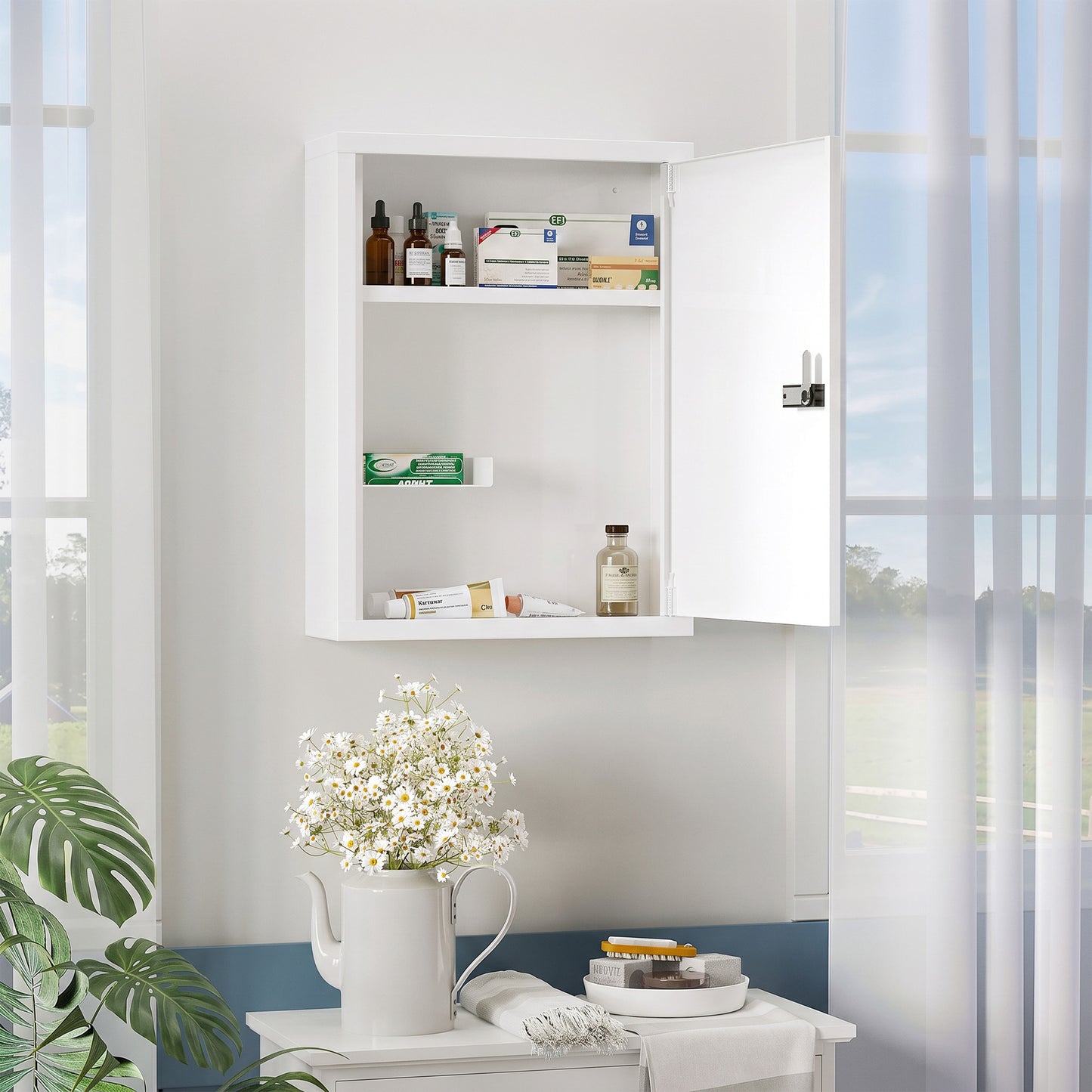 Wall Mount Medicine Cabinet, Bathroom Cabinet with Combination Lock, Door and Storage Shelves, White