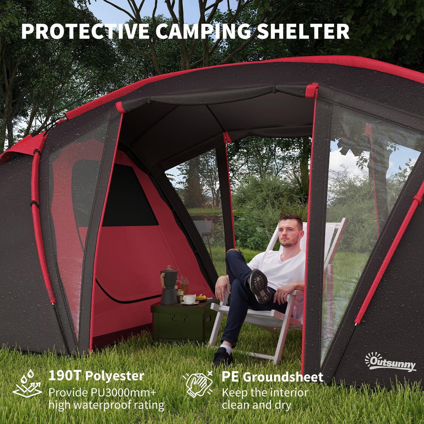 4-6 Man Family Camping Tent w/ 2 Bedrooms and a Living Room, Waterproof Tunnel Tent w/ Sewn In Groundsheet, Doors, Windows