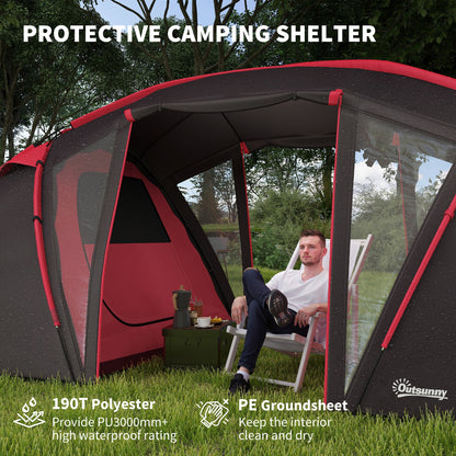 4-6 Man Family Camping Tent w/ 2 Bedrooms and a Living Room, Waterproof Tunnel Tent w/ Sewn In Groundsheet, Doors, Windows