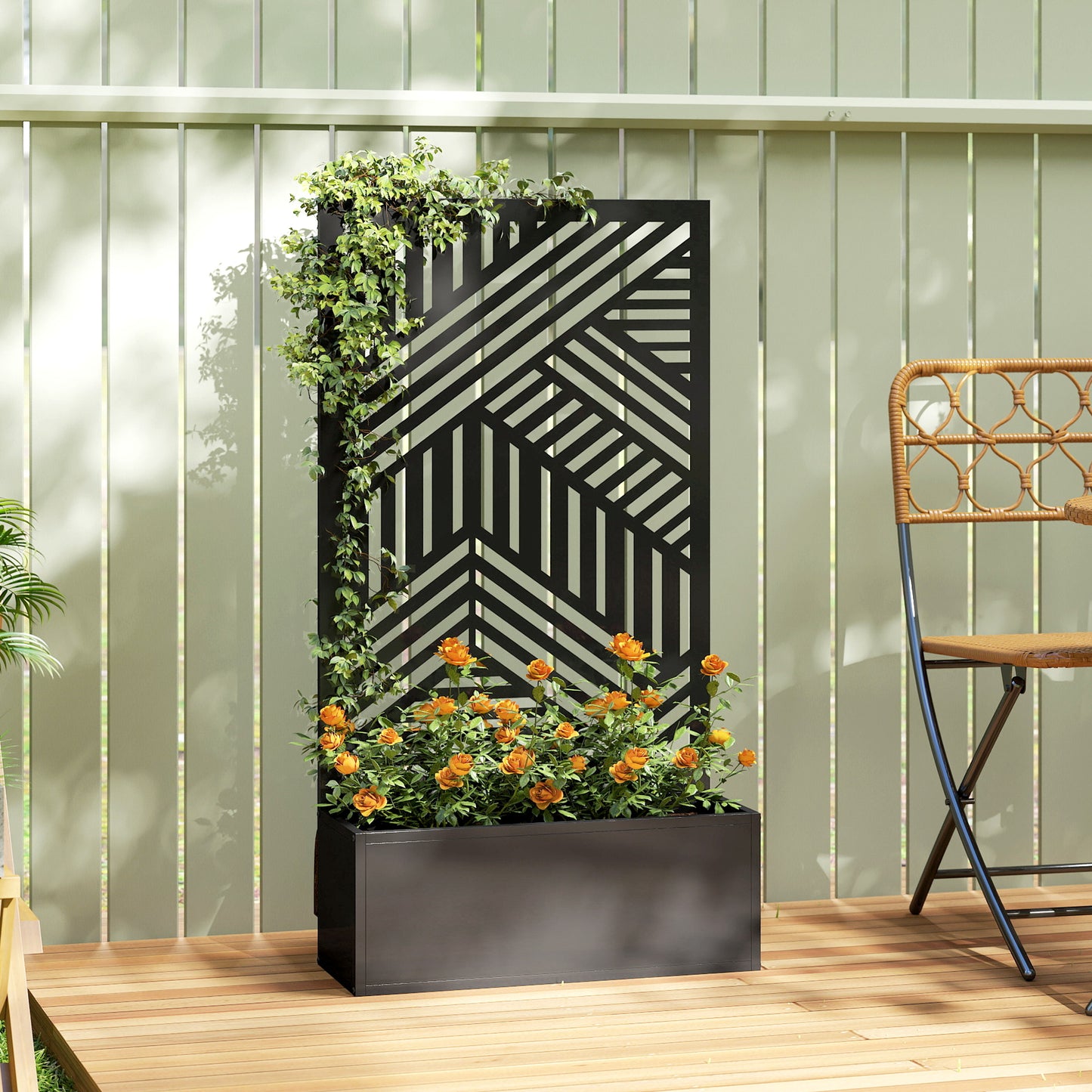 Metal Garden Bed for Garden with Trellis, Raised Garden Bed with Privacy Screen, Geometric Slatted Cut-Out