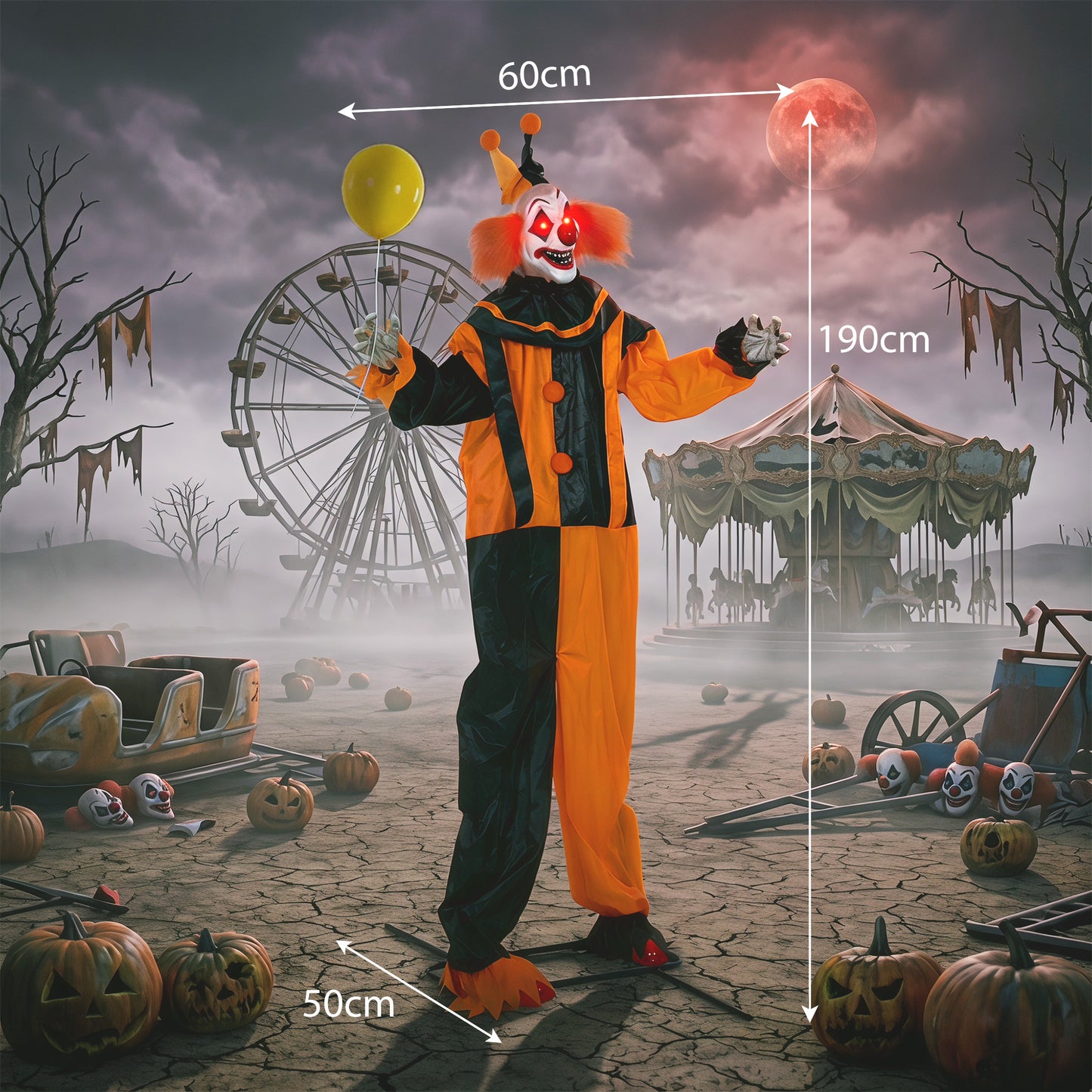 190cm Life Size Animated Clown Halloween Decoration, Scary Halloween Animatronics Decor with Sound Touch Activated