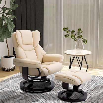 360° Swivel Recliner Chair with Footstool, PU Leather Manual Recliner Armchair with Footstool, Solid Wood Base
