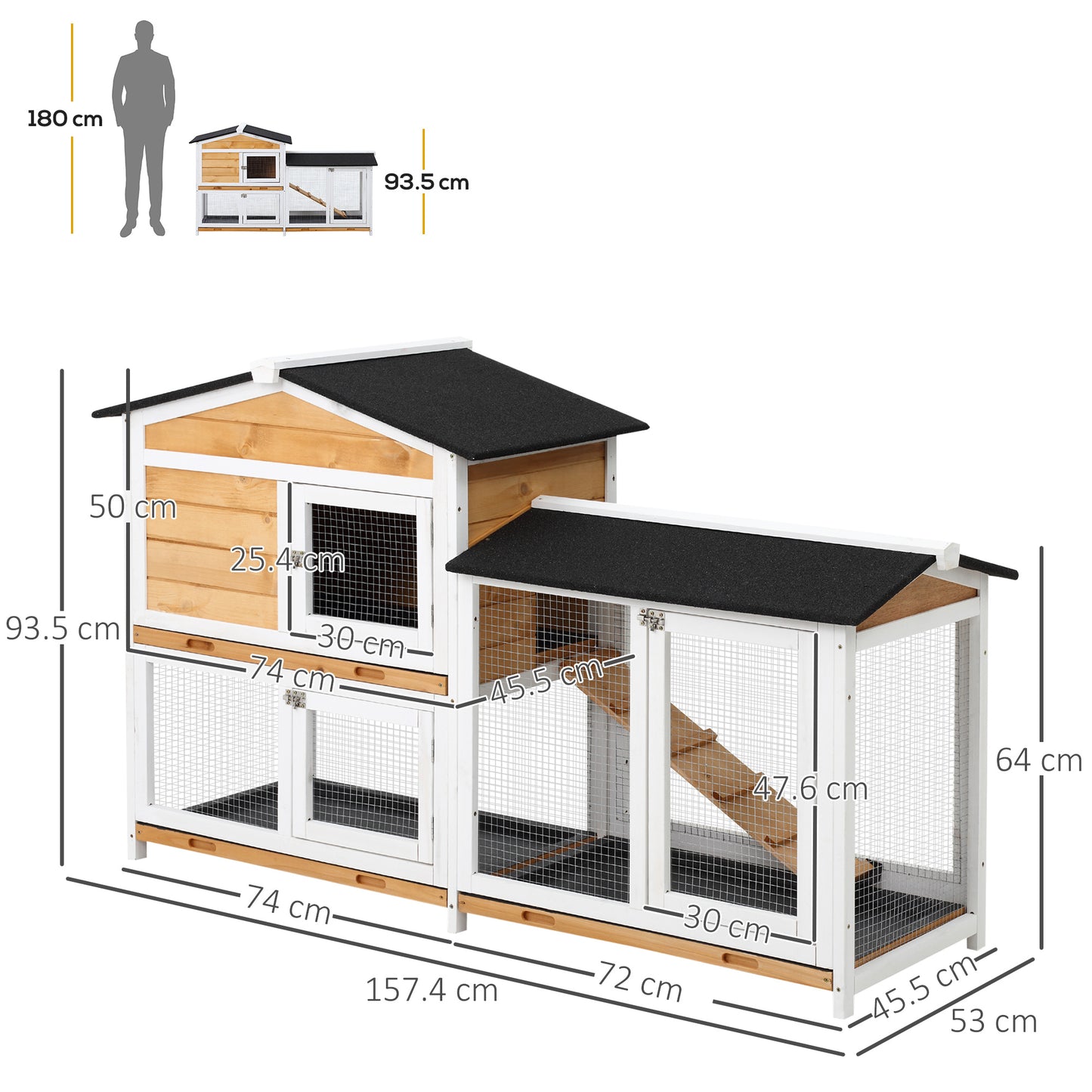 Rabbit Hutch Guinea Pig Hutch Wooden House with Run, 2 Tier Pet Cage Outdoor with No-leak Plastic Trays, 157.4 x 53 x 93.5cm