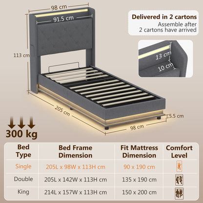 3ft Single Bed Frame with Headboard, Platform Bed Frame with Hydraulic Storage, LED Lights and Charging Station, Grey