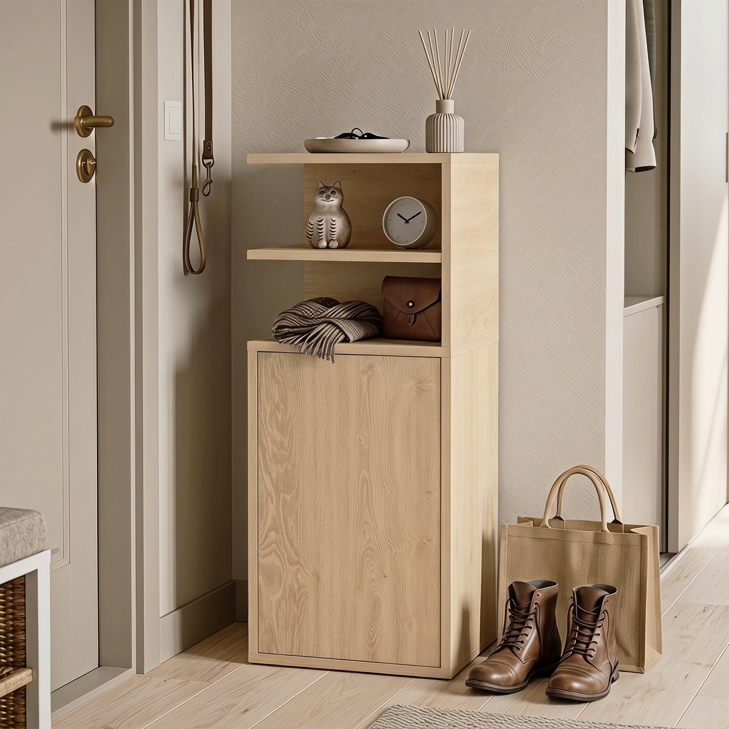 Slim Bedside Table Set of 2, Narrow Bedside Cabinet with Open Cubbies and Cupboard for Bedroom Living Room, Oak