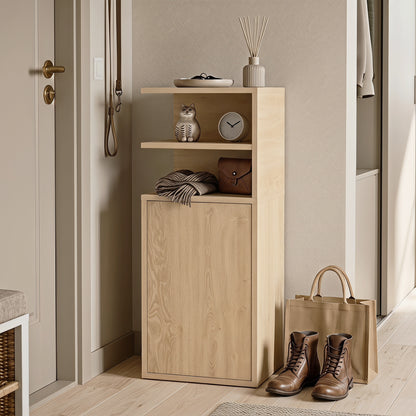 Slim Bedside Table Set of 2, Narrow Bedside Cabinet with Open Cubbies and Cupboard for Bedroom Living Room, Oak