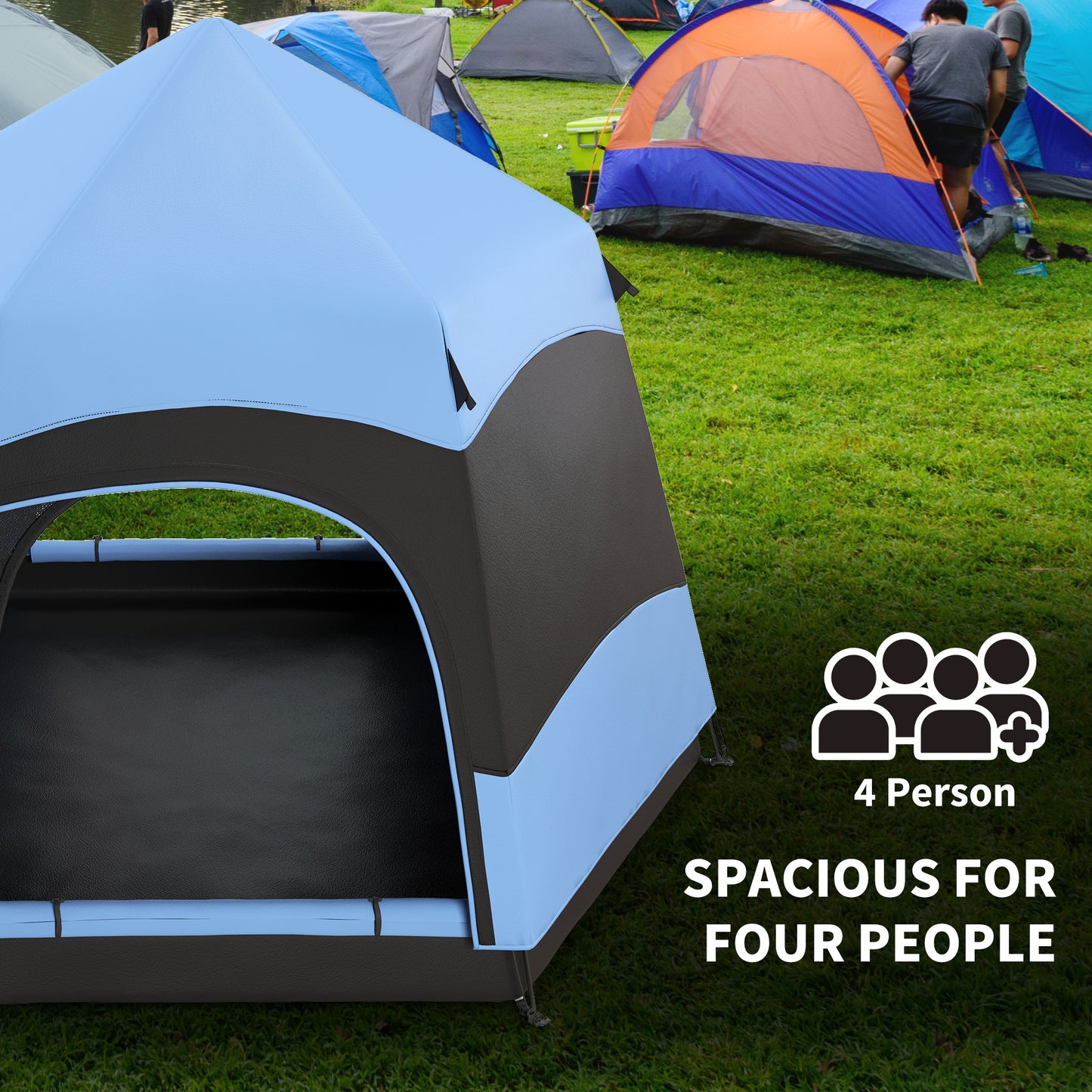 4 Man Hexagon Camping Tent with Hang Hook and Carry Bag - Blue and Black