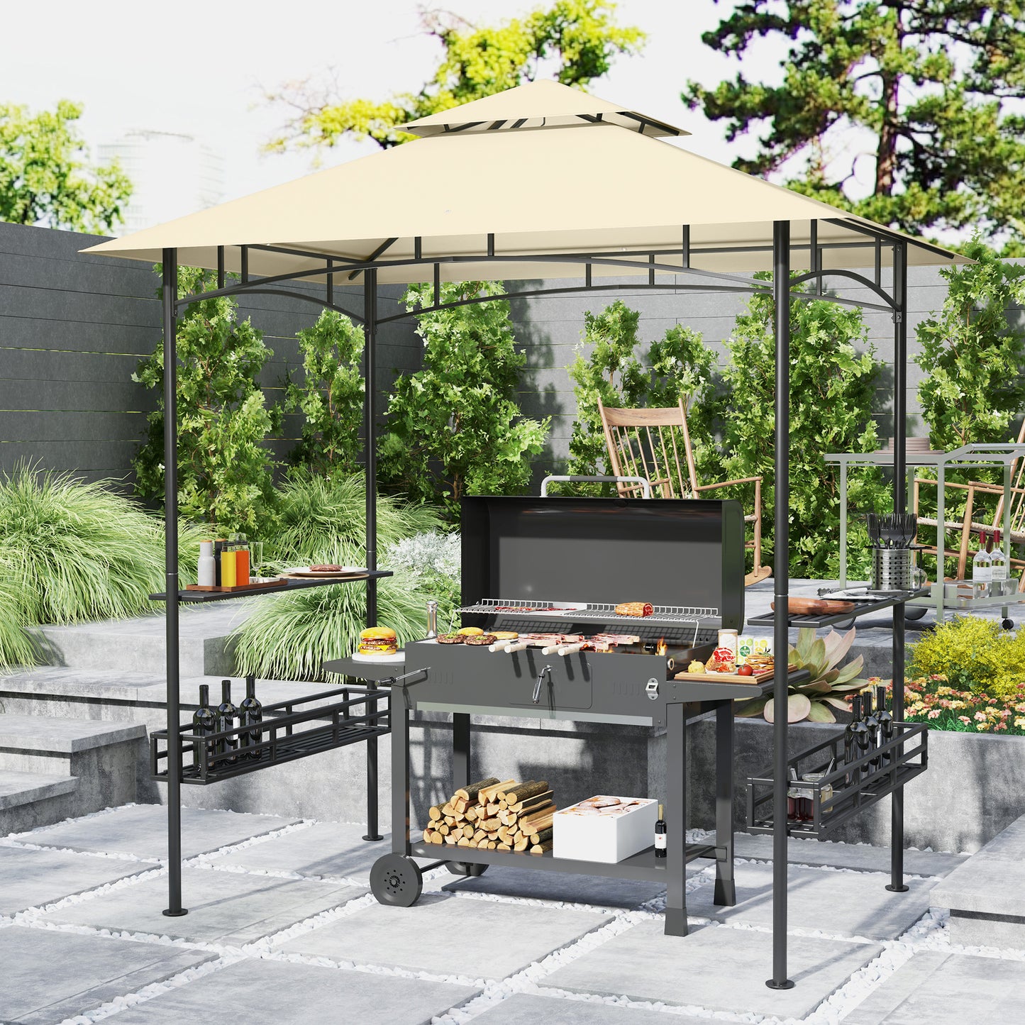 240 x 150cm Grill Gazebo Canopy, Double Tiered Outdoor BBQ Gazebo Shelter with 2 Side Shelves, Storage Baskets