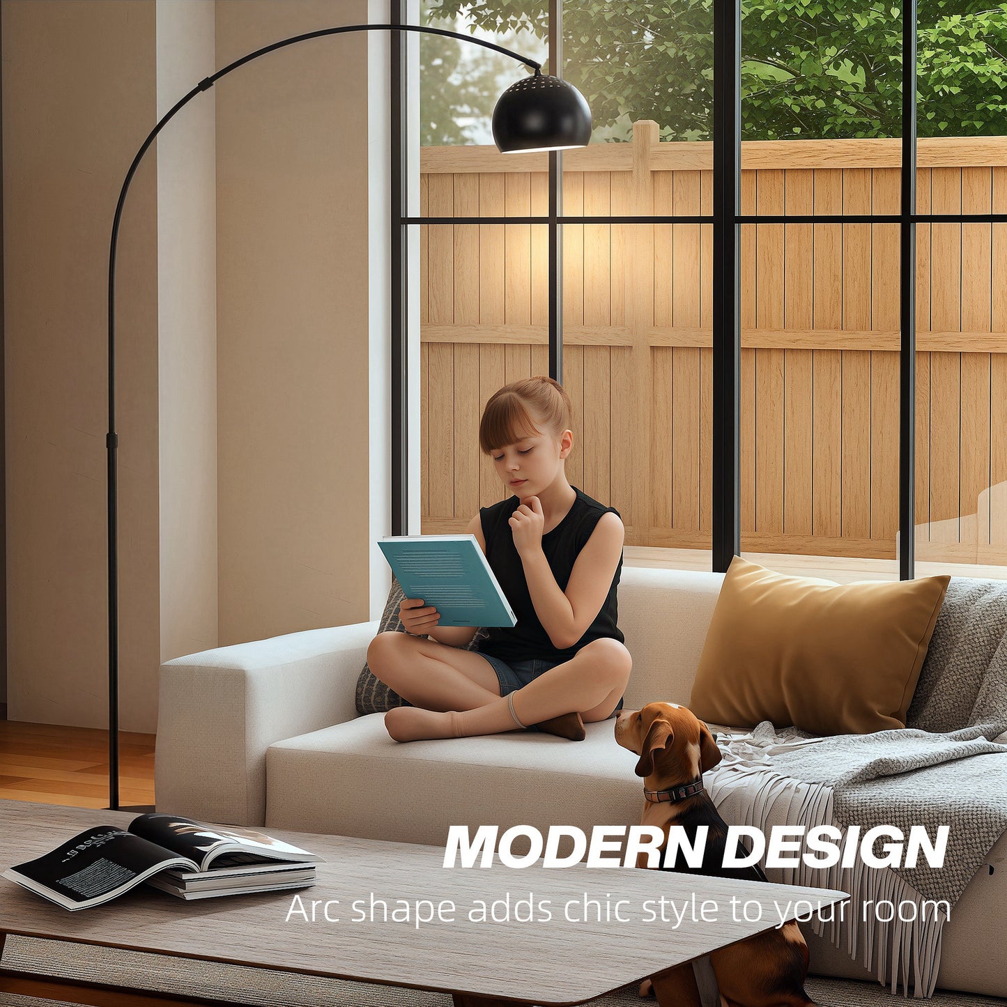 Arc Floor Lamp for Living Room, Modern Adjustable Standing Lamp with Faux Black Marble Base Black