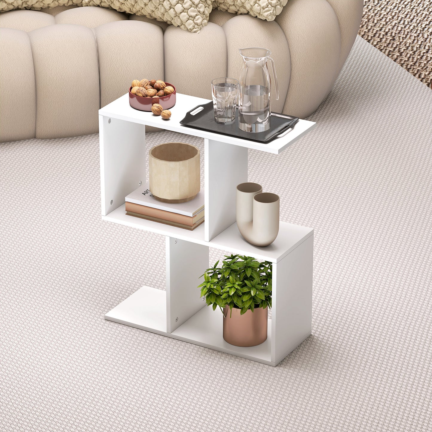 Side Table, Narrow End Table with Storage Shelves, S-Shaped, 3-Tier, 50W x 19.5D x 58H cm, White