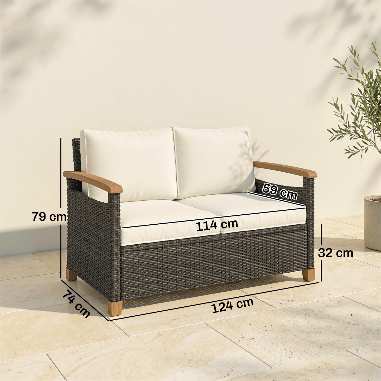 2 Seater Rattan Garden Sofa, Outdoor Sofa with Thickened Cushions and Acacia Wood Armrests, Brown