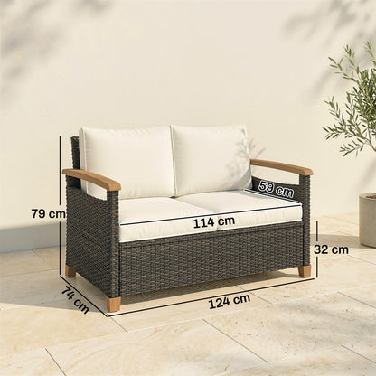 2 Seater Rattan Garden Sofa, Outdoor Sofa with Thickened Cushions and Acacia Wood Armrests, Brown