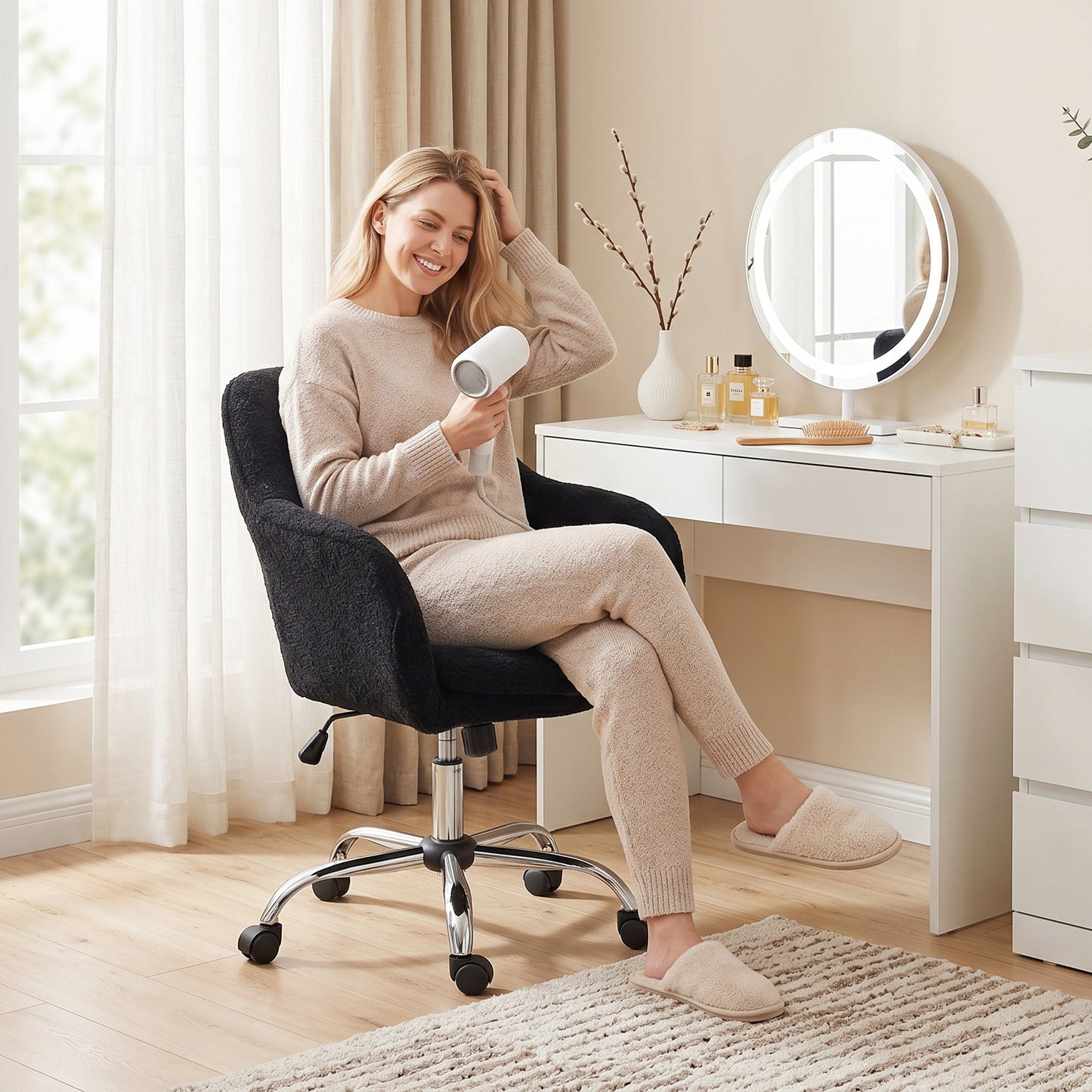 Modern Makeup Vanity Chair, Snow Flannel Office Chair with Tub Back, Black