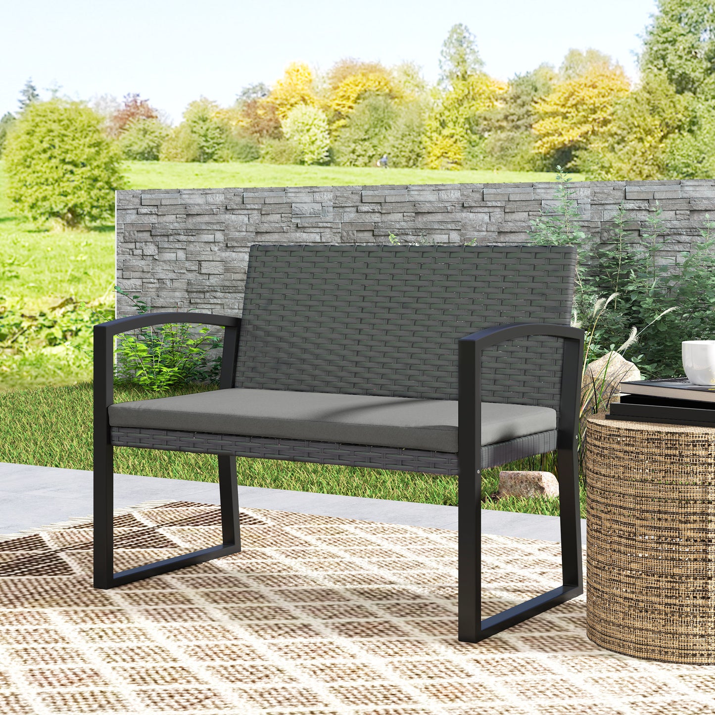 Two-Seater Rattan Garden Bench - Light Grey