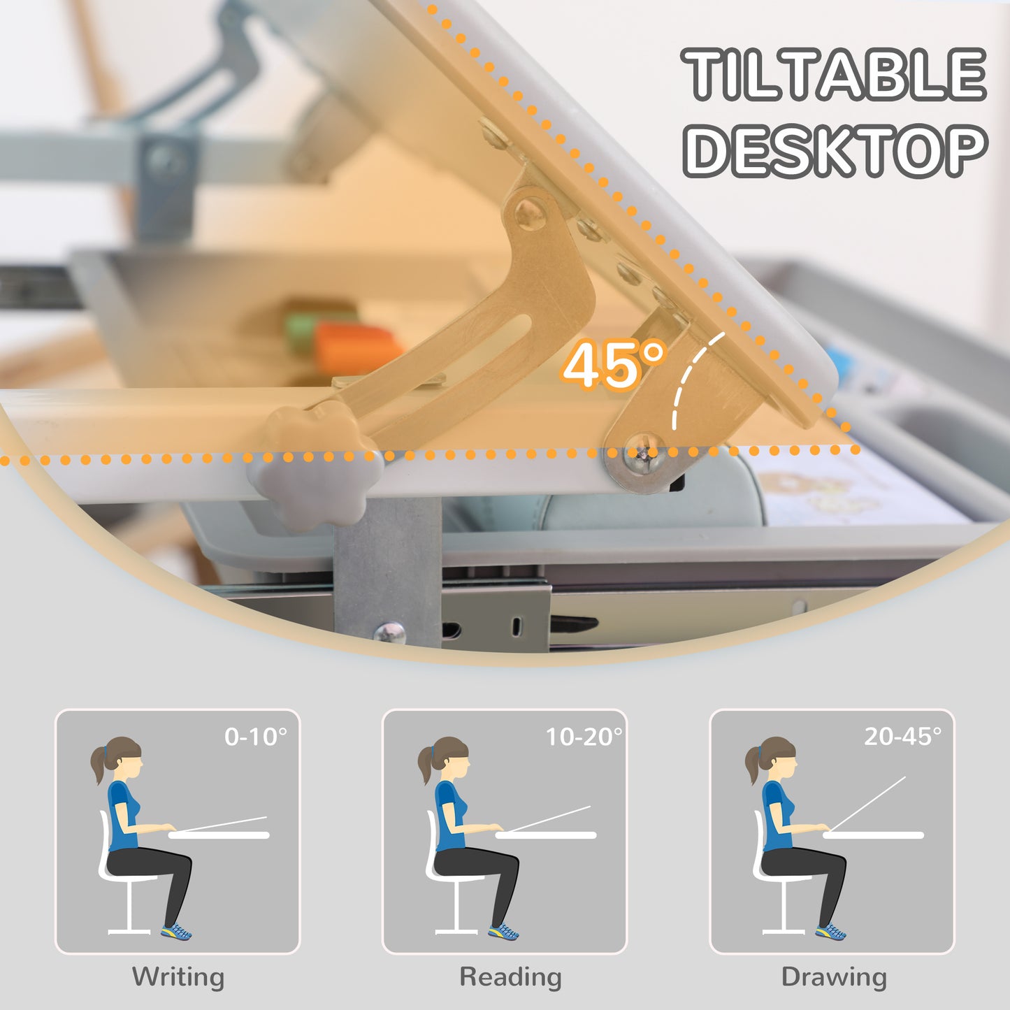 Kids Desk and Chair Set, Student Adjustable Writing Desk, with Drawer, Pen Slot, Hook - Grey