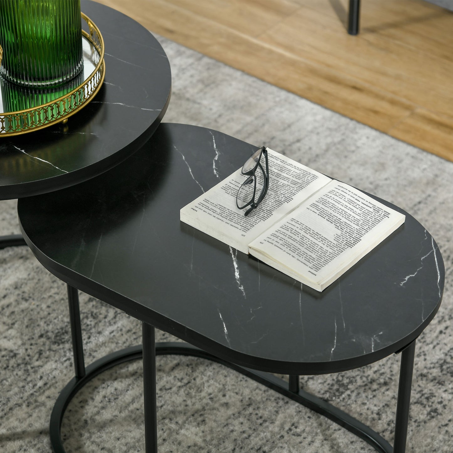 Nest of Tables with Steel Frame and Faux Marble Tabletop, Modern Coffee Table Set of 2, Black/White