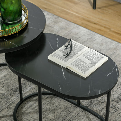 Nest of Tables with Steel Frame and Faux Marble Tabletop, Modern Coffee Table Set of 2, Black/White