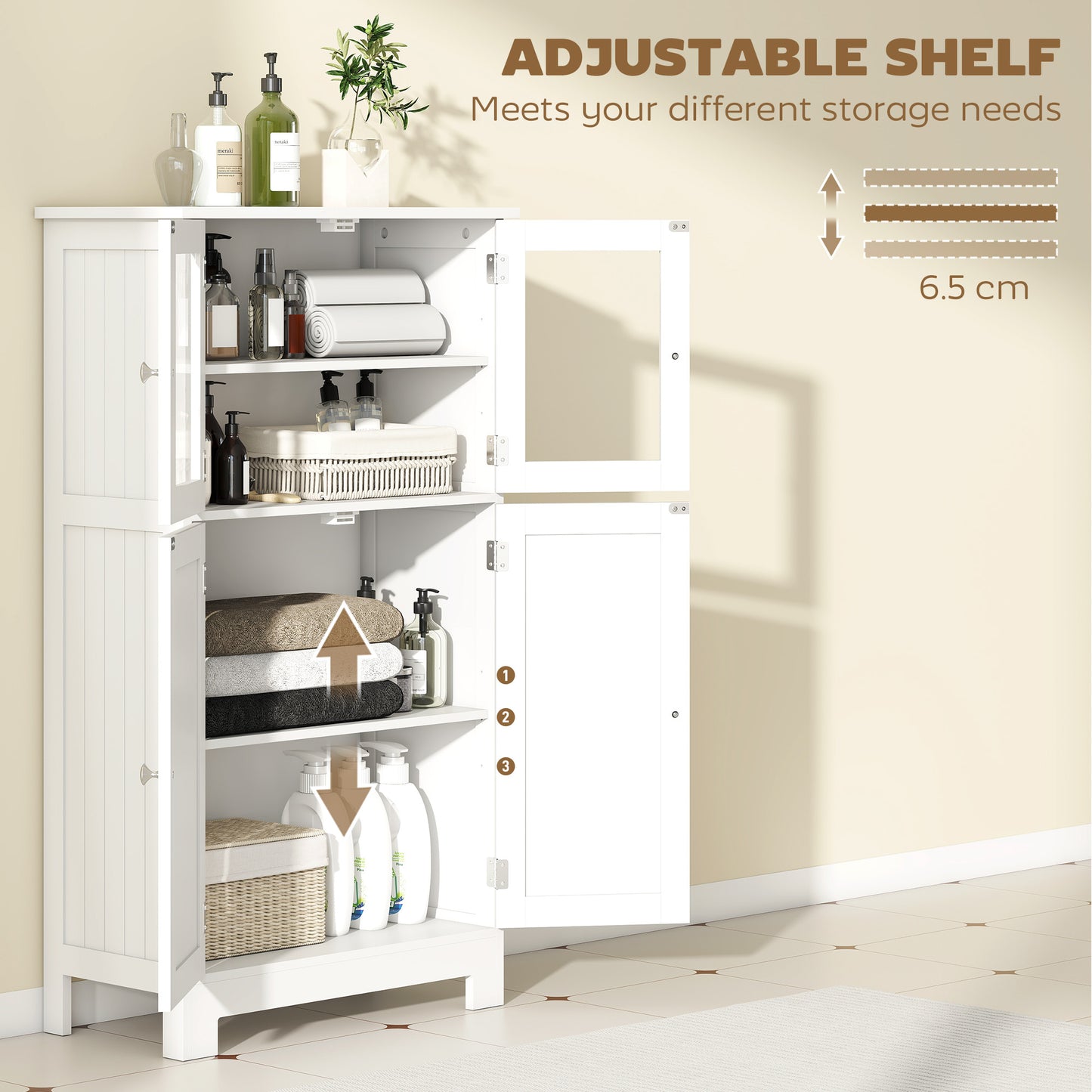 Bathroom Floor Cabinet, Freestanding Kitchen Cupboard with 2 Drawers, Adjustable Shelves and Tempered Glass Door