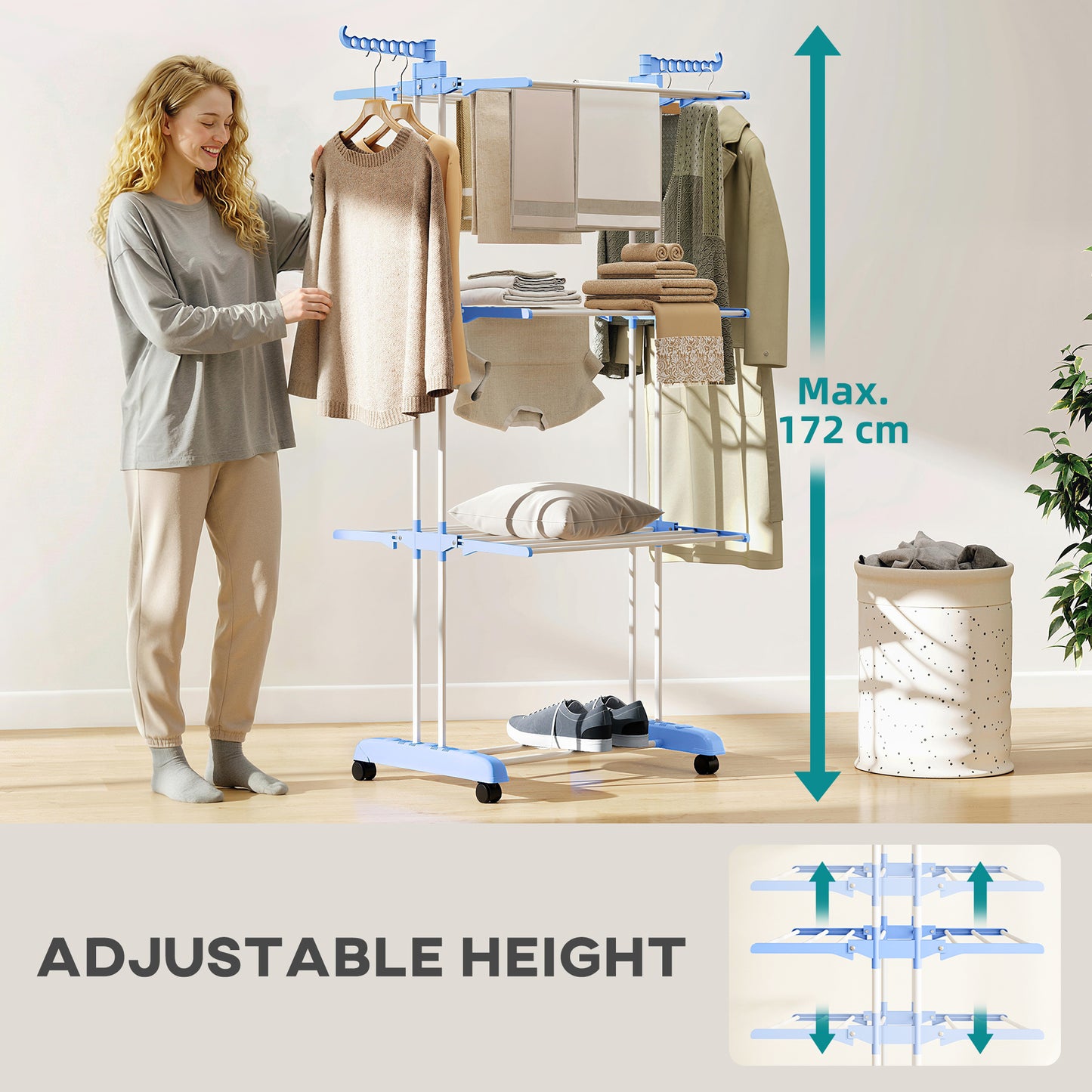 Foldable Clothes Drying Rack, 4-Tier Steel Garment Laundry Rack with Castors for Indoor and Outdoor Use, Blue