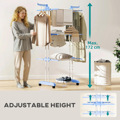 Foldable Clothes Drying Rack, 4-Tier Steel Garment Laundry Rack with Castors for Indoor and Outdoor Use, Blue