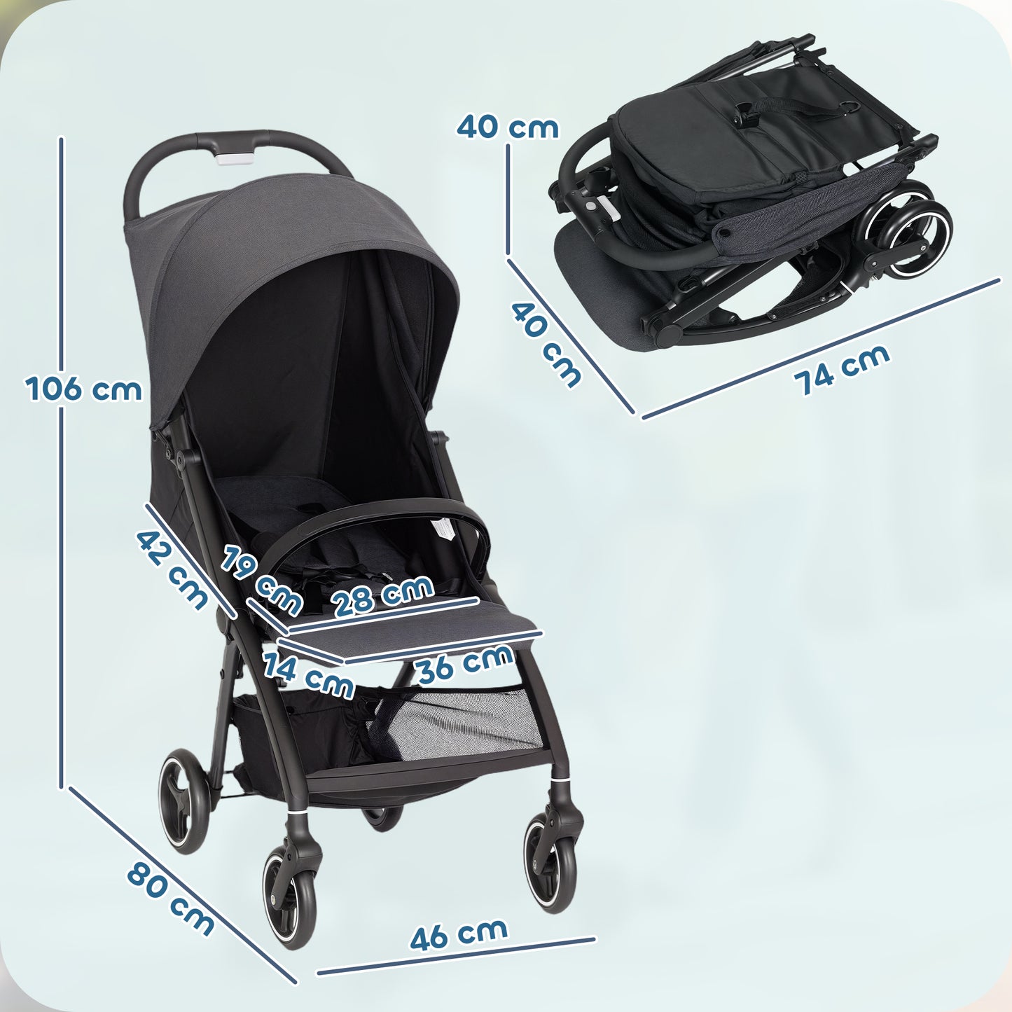 Travel Stroller, Lightweight Pushchair, Compact Buggy with Canopy, Basket and Multi-Position Recline, Dark Grey