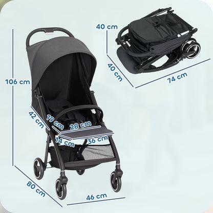 Travel Stroller, Lightweight Pushchair, Compact Buggy with Canopy, Basket and Multi-Position Recline, Dark Grey